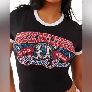 True Religion Ringer Baby Tee with Crystal Logo Black Small NWOT